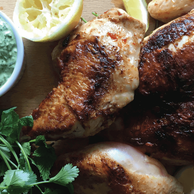 Cover Image for Grilled Brick Harissa Chicken with Herbed Skyr