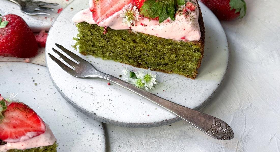 Matcha Snack Cake with Whipped Strawberry & Lingonberry Skyr